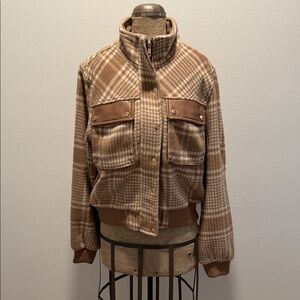 Plaid Zip-Up Bomber Jacket in Camel and Cream